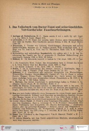 I. Das Volksbuch vom Doctor Faust und seine Geschichte. Vor-Goethe´sche Faust-Bearbeitungen (Nr. 1 - 115)