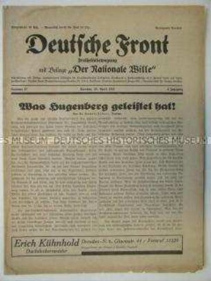 Mitteilungsblatt der DNVP "Deutsche Front" u.a. mit einem Beitrag über Alfred Hugenberg