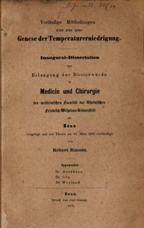 Vorläufige Mittheilungen über eine neue Genese der Temperaturerniedrigung : Inaugural-Dissertation