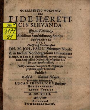 Diss. polit. de fide haereticis servanda