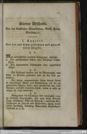 Vierter Abschnitt. Von den künstlichen Mauersteinen, Stoff, Form, Bereitung etc