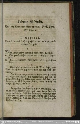 Vierter Abschnitt. Von den künstlichen Mauersteinen, Stoff, Form, Bereitung etc