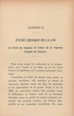 Capitre III. ´Etude critique de la loi. Le droit de réponse et l'abus de la réponse. Projets de réforme