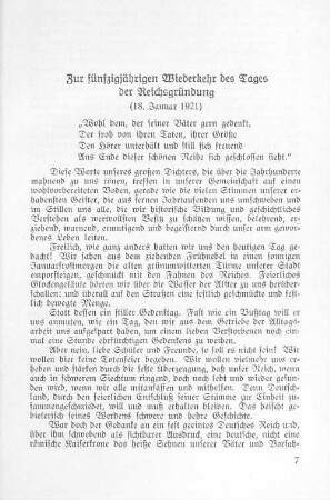 Zur fünfzigjährigen Wiederkehr des Tages der Reichsgründung (18. Januar 1921)