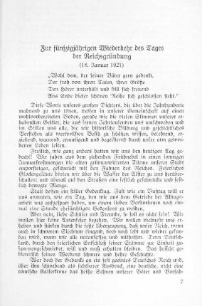 Zur fünfzigjährigen Wiederkehr des Tages der Reichsgründung (18. Januar 1921)