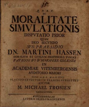 De Moralitate Simvlationis : Dispvtatio Prior