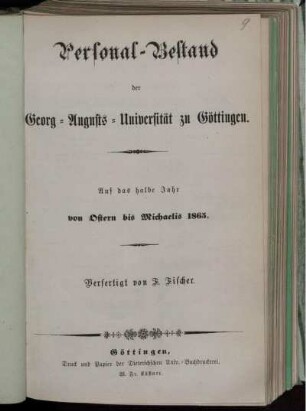 SS 1865: Personal-Bestand der Georg-Augusts-Universität zu Göttingen