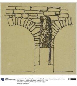 Köln, Frauenrosenhof der Deutschen Kunstausstellung, Vorentwurf, Skizzenblatt mit Entwurf zum Skulpturenschmuck der Hoffassade des 'Wandelganges
