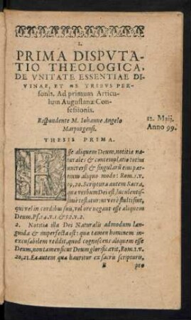 Prima Disputatio Theologica, De Unitate Essentiae Divinae, Et De Tribus Personis. Ad Primum Articulum Augustanae Confessionis.