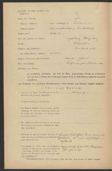 Ausstellung eines Verehelichungszeugnisses an den in Frammersbach
                     wohnenden Kaufmann Joseph Friedrich Koplitz - Verehelichung mit der
                     Restaurateuerstochter Anna, geb. Weisberger, aus Frankfurt / Main, 1898,
                     Verehelichung mit der Metzgermeisterstochter Amalie Katharina, geb.
                     Immerschitt, aus Aschaffenburg, 1902, Bürgerrechtsverleihung, 1902