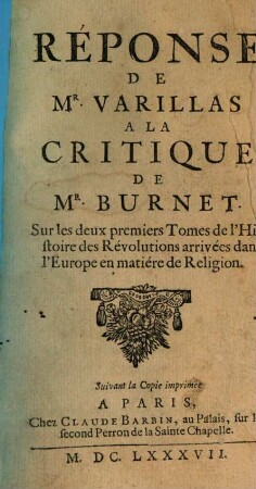 Réponse de Mr. Varillas à la Critique de Mr. Burnet