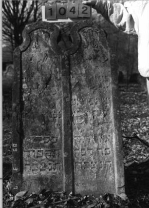Grabstein 1042 (Index: 99751165) Material: Sandstein Zustand: abgeblättert/großer Textverlust Maße HxBxT: 123x69x10 cm Beschreibung: Doppelstele, zwei Schriftfelder eingetieft Symbolik: Lilien, Ranken: Grabstein 1042