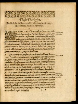 Theses Theologicae, De Idololatria Romanae Ecclesiae in cultu sive Apostheosi ipsius Romani Pontificis.
