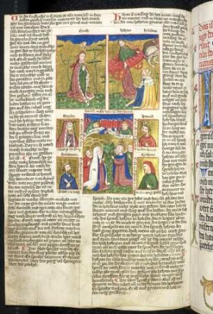 (1) Antitypus: Himmelfahrt Christi; (2) Typus: Enoch wird in den Himmel entrückt (gesegnet) ; (3) Typus: Elias Himmelfahrt in einem feurigen Wagen; Propheten-Brustbild