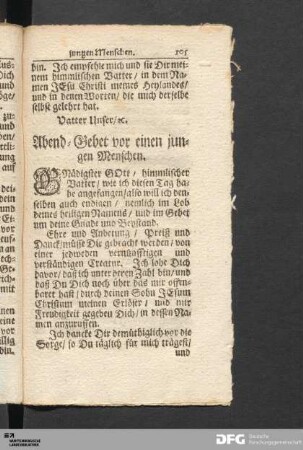 Abend-Gebet vor einen jungen Menschen.