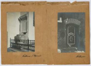 St. Johannis, Nieblum. Portal, Nieblum: Ansicht Taufbecken in St. Johannis, Ansicht Portal Nieblum (aus: Skizzen- und Fotoalbum 27)