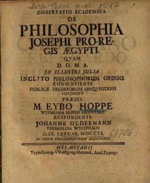 Dissertatio Academica De Philosophia Josephi Pro-Regis Aegypti