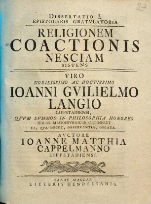 Diss. ... epistol. gratulatoria religionem coactionis nesciam sistens, 1