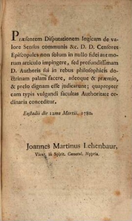 Dissertatio Logica De Valore Sensus Communis Naturae Tanquam Criterio Veritatis