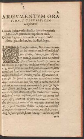 Argumentum Orationis Tetrasticho complexum.