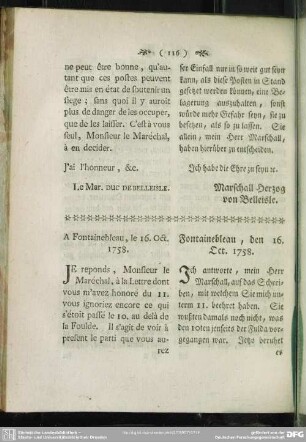 A Fontainebleau, le 16. Oct. 1758. Fontainebleau, den 16. Oct. 1758
