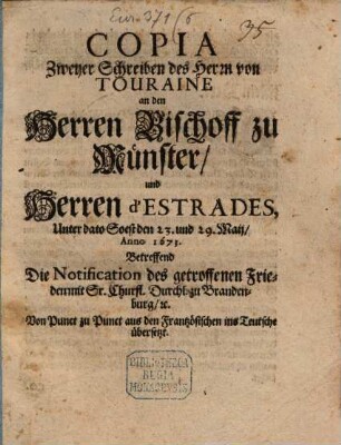 Copia zweyer Schreiben des H. von Touraine an .. Bischoff zu Münster