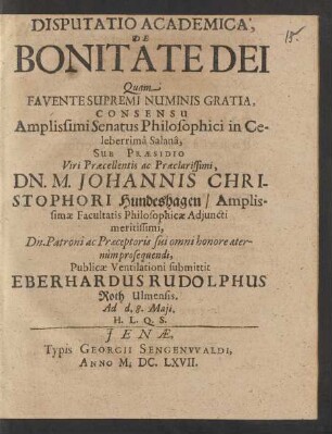 Disputatio Academica, De Bonitate Dei