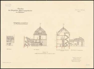 Regierungsgebäude, Potsdam: Wohnhaus des Regierungspräsidenten: Aufriss Südansicht, Ostansicht, Querschnitt. Stall: Aufriss Nordansicht 1:150