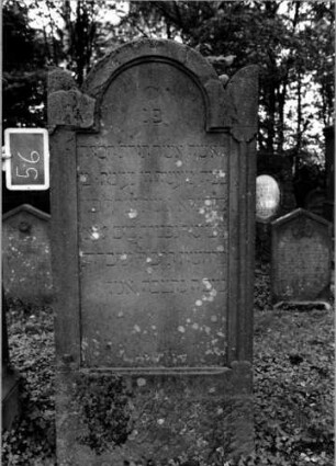 Grabstein 56 (Index: 100111118) Material: Sandstein Zustand: verwittert mit Textverlust Maße HxBxT: 190x83x19 cm Beschreibung: ädikulaartige Stele mit Halbsäulen, eingezogener Segmentbogenabschluß mit Eckakroteren, Schriftfeld eingetieft: Grabstein 56
