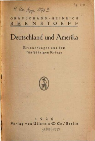 Deutschland und Amerika : Erinnerungen aus dem fünfjährigen Kriege