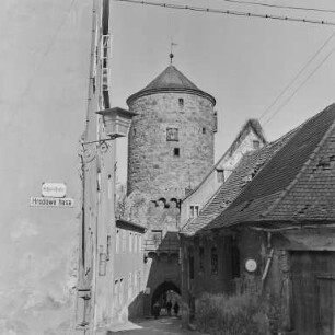 Bautzen Altstadt : Bautzen. Nikolaipforte/Ecke Schloßstraße. Blick zum Nicolaiturm