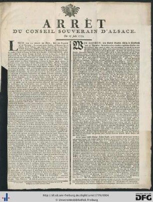 Arrêt Du Conseil Souverain D'Alsace.