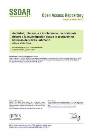 Identidad, tolerancia e intolerancia: un horizonte abierto a la investigación desde la teoría de los sistemas de Niklas Luhmann