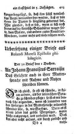 Uebersetzung einiger Briefe aus Rolandi Maresii Epistolis philologicis. Der 30 Brief des I Buches