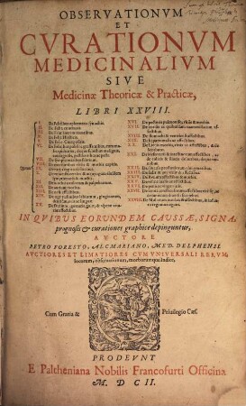 Observationum Et Curationum Medicinalium Sive Medicinae Theoricae & Practicae, Libri XXVIII. : Quorum I. De Febribus ephemeris synochis. II. De Febr. continuis. III. De Febr. intermittentibus. ... XXVIII. De Mulierum morbis & affectibus, & infantis regimine: agunt. In Quibus Eorundem Caussae, Signa, prognosis & curationes graphice depinguntur