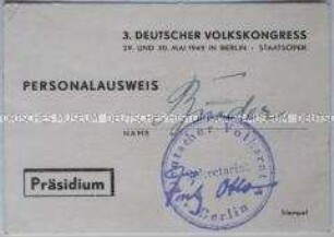Personalausweis zum 3. Deutschen Volkskongress von Binder,?