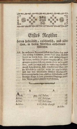 Erstes Register deren hebräisch, rabbinisch, und jüdischen, in diesem Werkchen enthaltenen Wörtern.