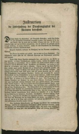 Instruction die Untersuchung der Diensttauglichkeit der Recruten betreffend : [Berlin, den 6ten May 1796]