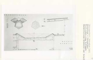 Kuranlage -Thermalbad (Diplomarbeit bei Willy Kreuer): Kurmittelhaus, Grundriss Obergeschoss, Detail Deckenuntersicht Badehalle 1:200, Details Decke und Becken 1:20