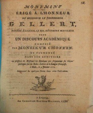Monument érigé à l'honneur de Mr. le Professeur Gellert