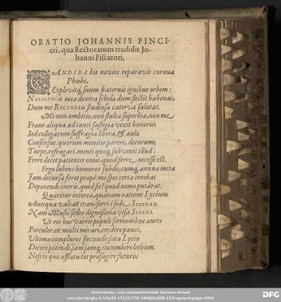 Oratio Johannis Pincieri, qua Rectoratum tradidit Johanni Piscatori.