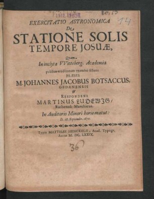 Exercitatio Astronomica De Statione Solis Tempore Josuae