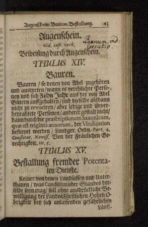 Augenschein. vid. infr. verb. Beweisung durch Augenschein. Titulus XIV. Bauren. [bis Titulus XXIV. Brücken und Wege]