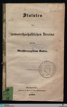 Statuten des landwirthschaftlichen Vereins für das Großherzogthum Baden