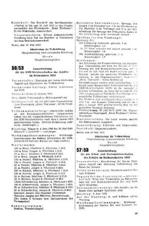 Ausschreibung für die DDR-Meisterschaften der Schüler im Schwimmen 1953 : 56/53