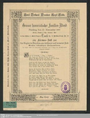 Grosser humoristischer Familien-Abend, Dienstag, den 22. November 1887 ... in den Sälen d. Etablissement Tivoli ...