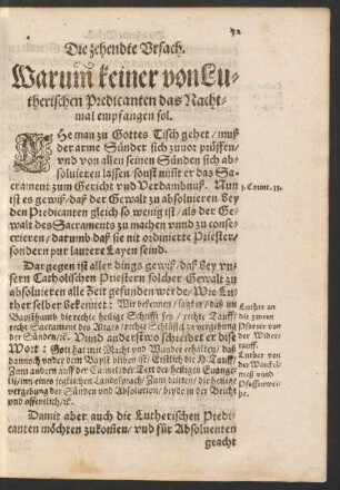 Die zehendte Ursach. Warumb keiner von den Lutherischen Predicanten das Nachtmal empfangen sol.
