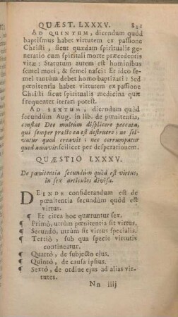 Quaestio LXXXV. De poenitentia secundùm quòd est virtus, in sex articulos divisa.