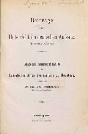 Beiträge zum Unterricht im deutschen Aufsatz : (Siebente Klasse)
