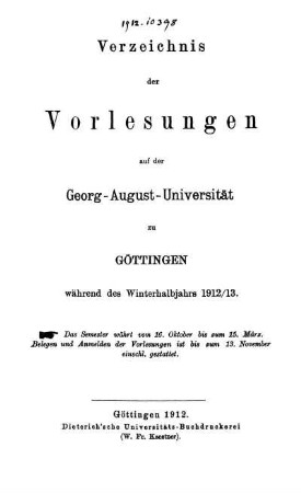 WS 1912/13: Verzeichnis der Vorlesungen